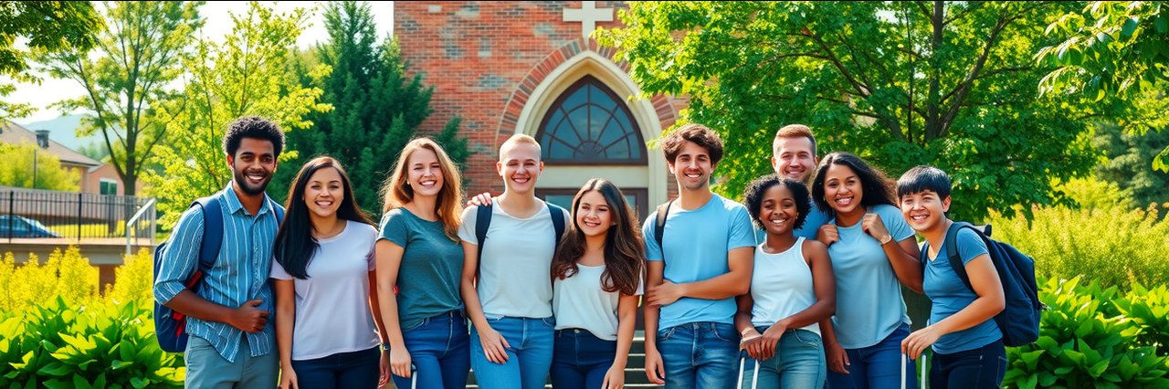 Diverse teens ready for Tri-State Mission Trip 2025 outside sunny church